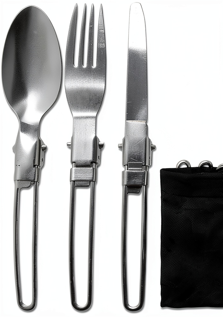 Installation du set de couverts pliables camping acier inoxydable 3 pièces sur un plan de travail en bois