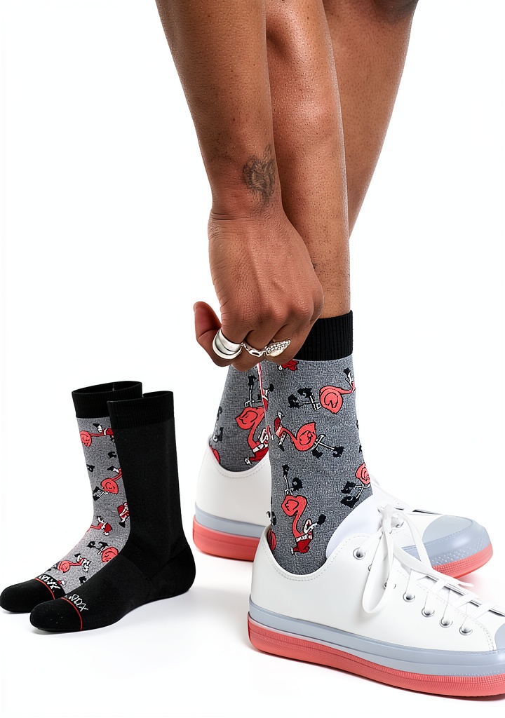 'Chaussettes Saxx noir chiné et flamant rose montrant le rembourrage et la couture'