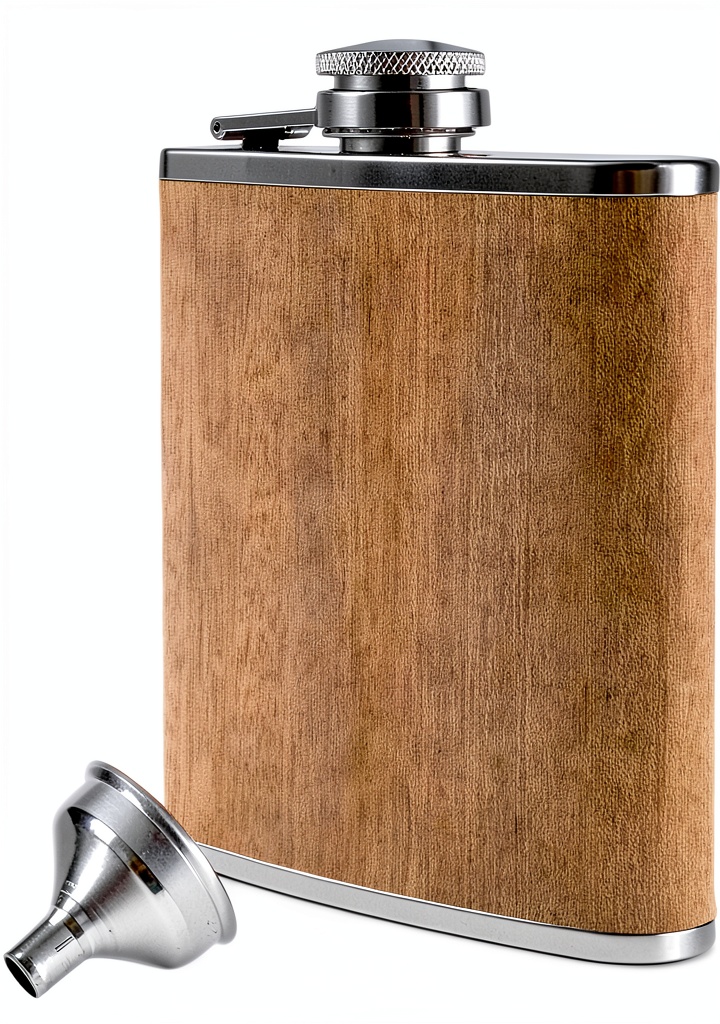 Flasque Outdoor Saxx en acier inoxydable avec motif bois, posée sur une table en extérieur
