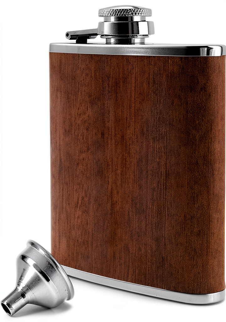 Flasque Saxx en acier inoxydable avec design bois chêne, posée sur une table