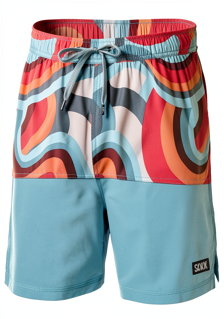 Shorts de bain SAXX Oh Buoy portés sur une plage ensoleillée