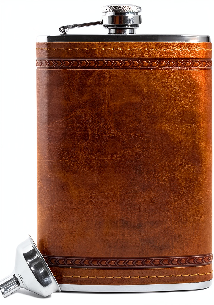 Flasque Outdoor Saxx en acier inoxydable avec design cuir marron, posée sur une table en bois