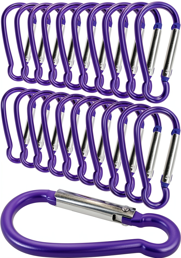 Installation des mousquetons aluminium Outdoor Saxx lot 20 violet sécurité sur un sac à dos de randonnée