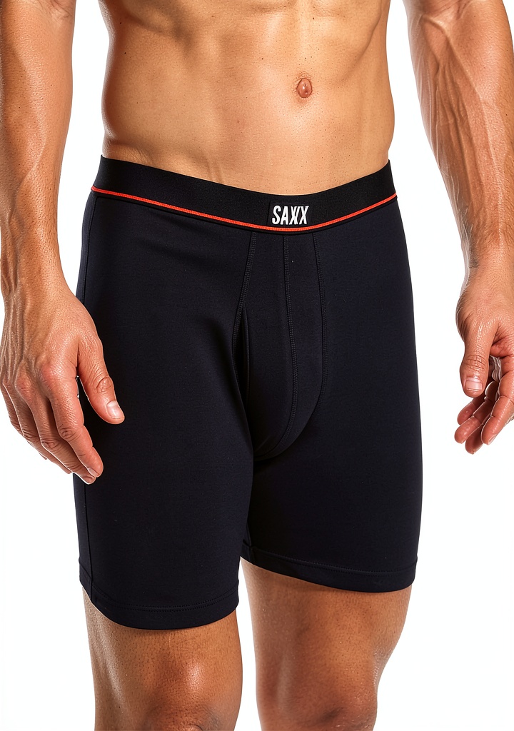 Installation du Boxer Saxx Homme Coton Léger Soutien BallPark Noir Ouragan sur une surface de planche en bois
