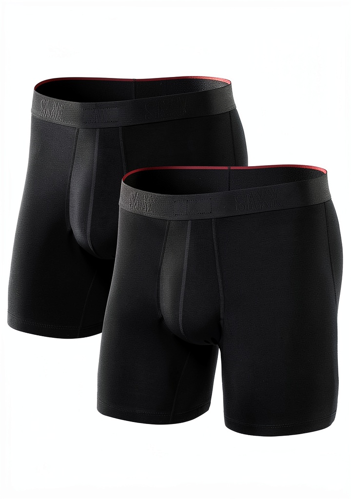 Installation du boxer SAXX Vibe Xtra noir taille L sur un bureau en bois
