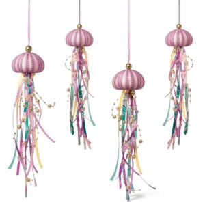 SKOOLOVE Lot de 4 Méduses Décoratives pour Fête sur Le Thème de la Sirène et Décorations de Fête sous la mer, Oursin Naturel Fabriqué à la Main pour Cadeau d'anniversaire, Sapin de Noël Côtier-0