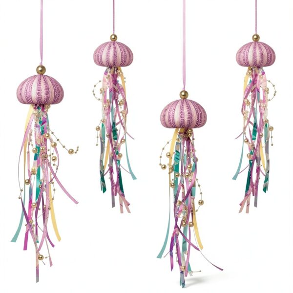 SKOOLOVE Lot de 4 Méduses Décoratives pour Fête sur Le Thème de la Sirène et Décorations de Fête sous la mer, Oursin Naturel Fabriqué à la Main pour Cadeau d'anniversaire, Sapin de Noël Côtier-0
