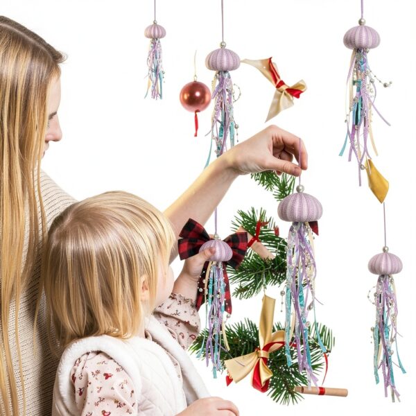 SKOOLOVE Lot de 4 Méduses Décoratives pour Fête sur Le Thème de la Sirène et Décorations de Fête sous la mer, Oursin Naturel Fabriqué à la Main pour Cadeau d'anniversaire, Sapin de Noël Côtier-3