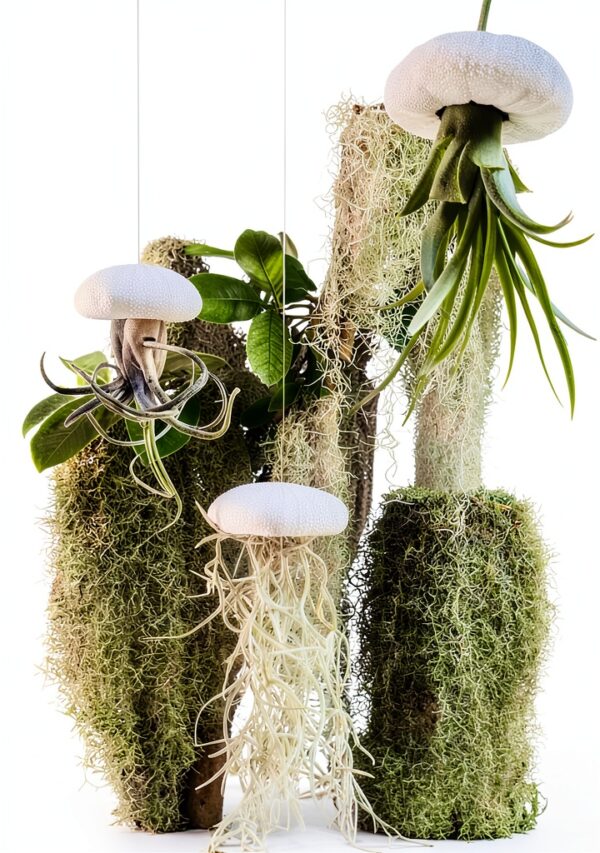 Trendyairplants - Lot de 3 Méduses Végétales avec Coquilles d’Oursin Alfonso Blanches et Tillandsias - Plantes Aériennes Suspendues avec Mousse Espagnole - Décoration Naturelle-5