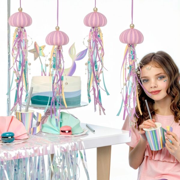 SKOOLOVE Lot de 4 Méduses Décoratives pour Fête sur Le Thème de la Sirène et Décorations de Fête sous la mer, Oursin Naturel Fabriqué à la Main pour Cadeau d'anniversaire, Sapin de Noël Côtier-4