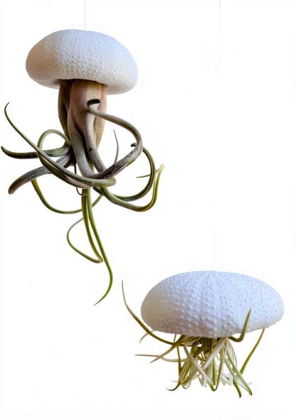 Trendyairplants - Lot de 3 Méduses Végétales avec Coquilles d’Oursin Alfonso Blanches et Tillandsias - Plantes Aériennes Suspendues avec Mousse Espagnole - Décoration Naturelle-4