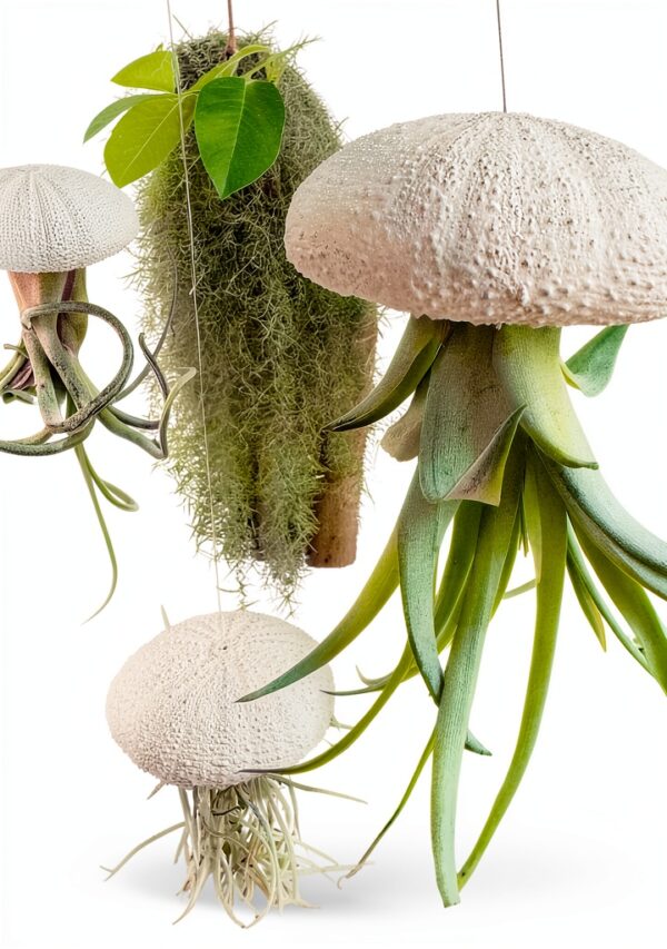 Trendyairplants - Lot de 3 Méduses Végétales avec Coquilles d’Oursin Alfonso Blanches et Tillandsias - Plantes Aériennes Suspendues avec Mousse Espagnole - Décoration Naturelle-0