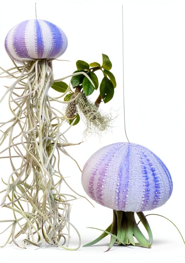 Trendyairplants - Lot de 3 Méduses Végétales avec Oursins de Mer Violets et Tillandsias - Plantes Aériennes Suspendues - Décoration Naturelle Fait Main - Cadeau Unique-4